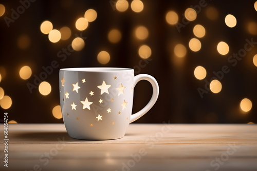 A cup of hot drink with steam against golden bokeh background