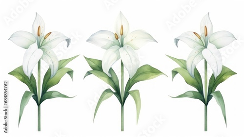 White lily flowers isolated on white background. Watercolor illustration. Generative AI