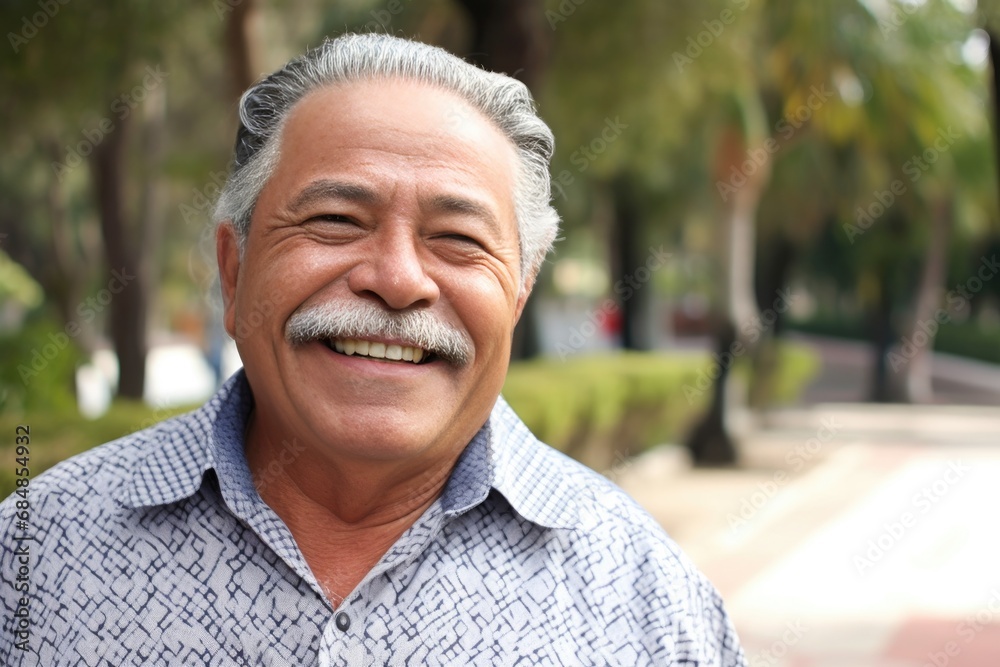 Smiling hispanic senior man looking at the camera posing outside