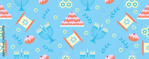 Pattern for design with symbols of Hanukkah on blue background