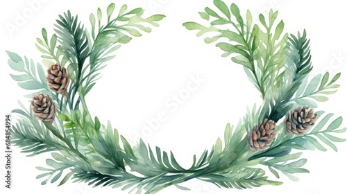 Watercolor Christmas wreath with fir branches and pine cones. Hand painted illustration on white background Generative AI