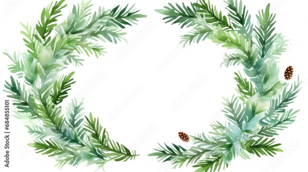 Watercolor Christmas wreath with fir branches and pine cones. Hand painted illustration. Generative AI