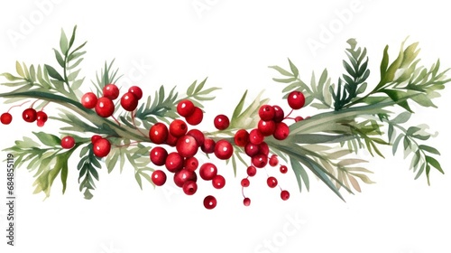 Watercolor Christmas wreath with rowan berries. Hand painted illustration Generative AI