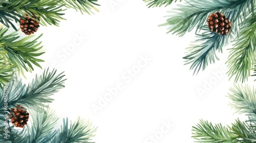 Watercolor Christmas card with fir branches and pine cones. illustration. Generative AI