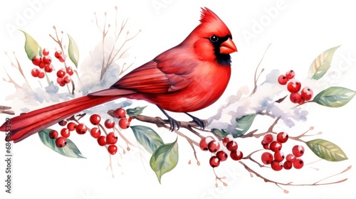 Watercolor Christmas card with cardinal bird, berries and snow on white background Generative AI photo