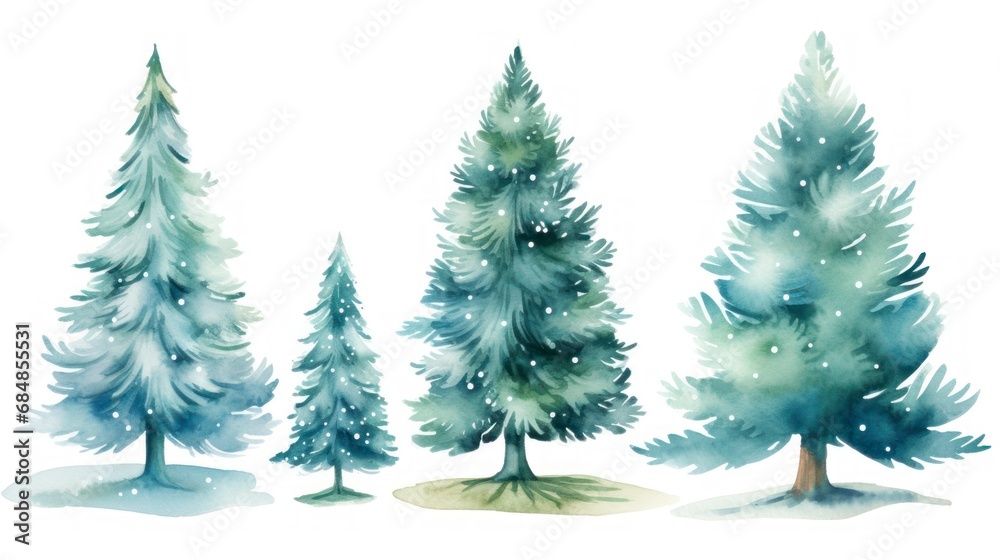 Watercolor Christmas trees set. Hand painted winter illustration isolated on white background Generative AI