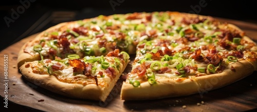 Gluten-free pizza with bacon, green onions, and selective focus.