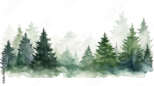 Watercolor forest landscape. Hand painted illustration with pine trees and fog. Generative AI © Alex