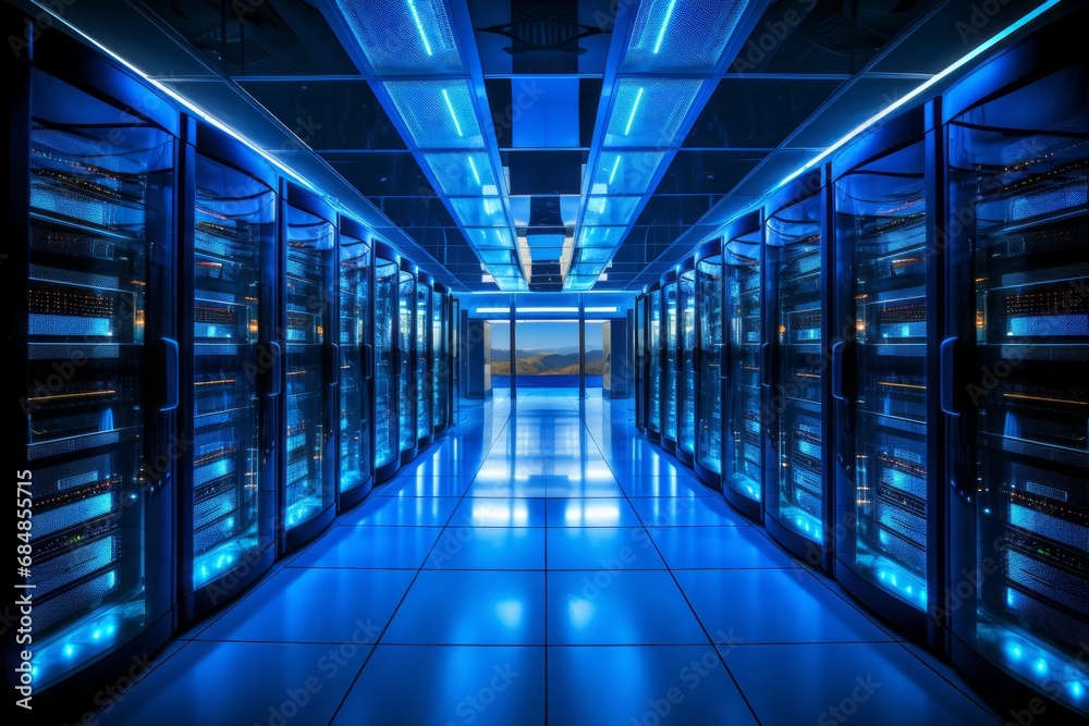 Modern data center with state of the art server racks emitting a captivating soft blue glow Modern data center with state of the art server racks emitting a captivating soft blue glow