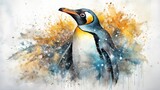 Watercolor illustration of a penguin on a background of watercolor splashes Generative AI