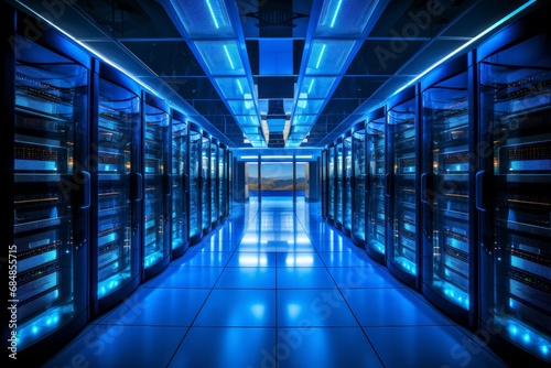 Modern data center with state of the art server racks emitting a captivating soft blue glow photo