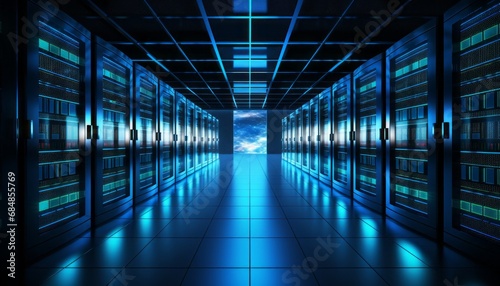 Modern data center state of the art server racks with neat organization and soft blue glow photo