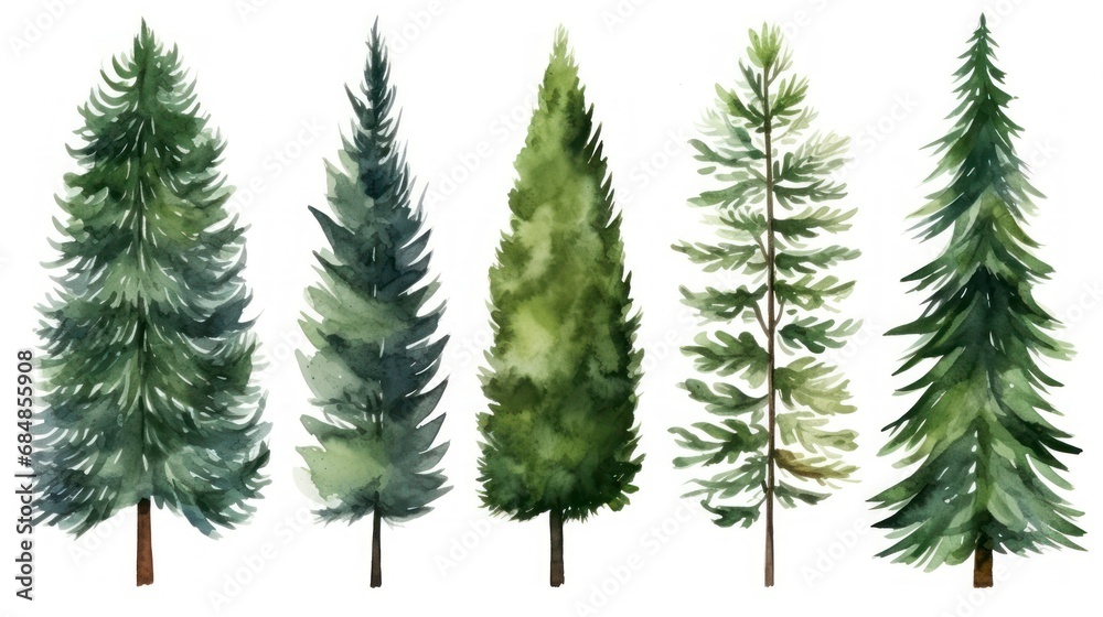Watercolor set of pine trees. Hand drawn illustration isolated on white background Generative AI
