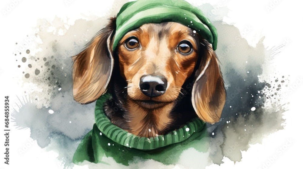 Watercolor portrait of a dachshund dog in a green scarf and hat. Generative AI