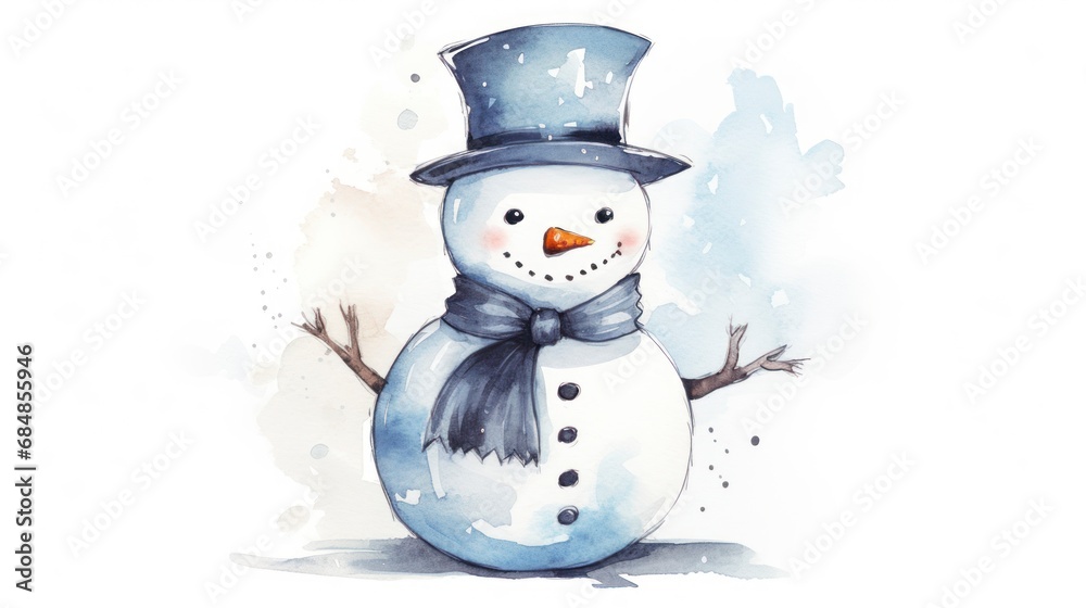 Watercolor snowman. Hand drawn illustration isolated on white background. Generative AI