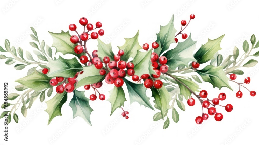 Watercolor Christmas holly branch with berries. Hand drawn illustration. Generative AI