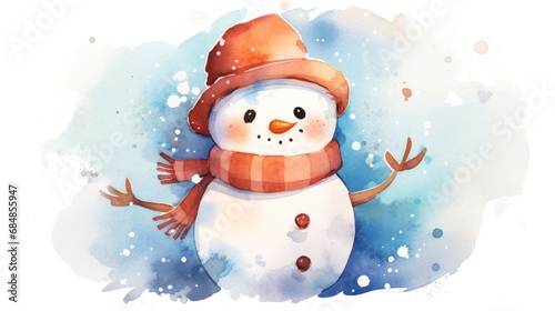 Watercolor illustration of a cute snowman in a hat and scarf Generative AI