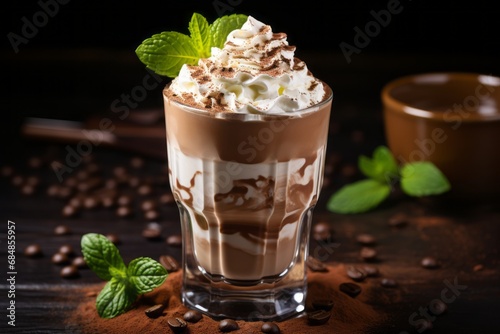 Delightful hot chocolate milkshake with luscious whipped cream topping served in a charming glass