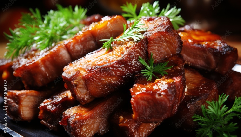 Succulent close up of tasty roasted sliced barbecue pork ribs with delightful slices of meat