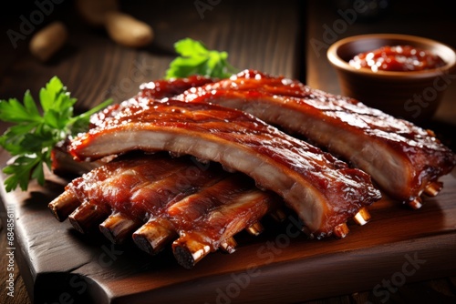 Close up of deliciously roasted barbecue pork ribs with mouthwatering slices of tender meat
