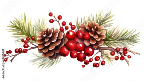 Festive Christmas and New Year Holly Berry and Pine Cone Watercolor Illustration AI Generated