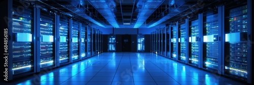 High tech data center with meticulously organized server racks emitting a mesmerizing soft blue glow