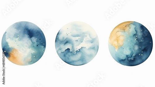 Watercolor Textured Planet Set  Round Compositions with Gold and Blue Brush Stroke AI Generated
