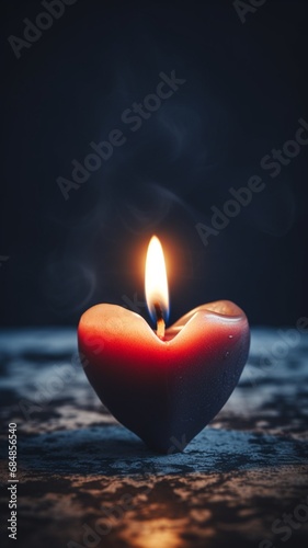 A close-up of a candle with a heart-shaped flame, set against a dark, romantic backdrop