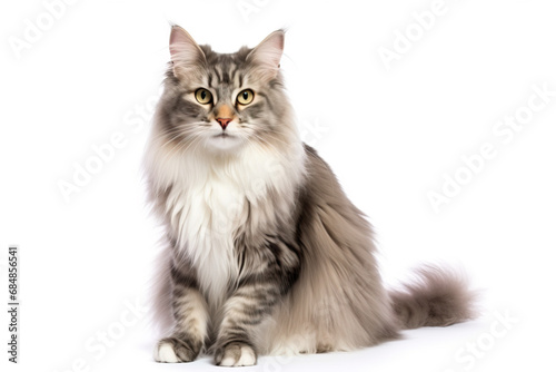 Norwegian Forest Cat. Whole body of a cat. The background is white