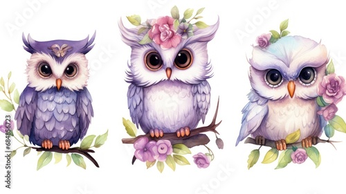 Watercolor Hand Painted Owls with Flowers and Feathers Bouquets AI Generated