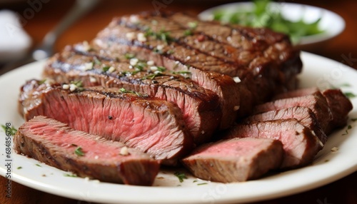 Close up of succulent ribeye steak slices, exuding irresistible juiciness and delectable flavor