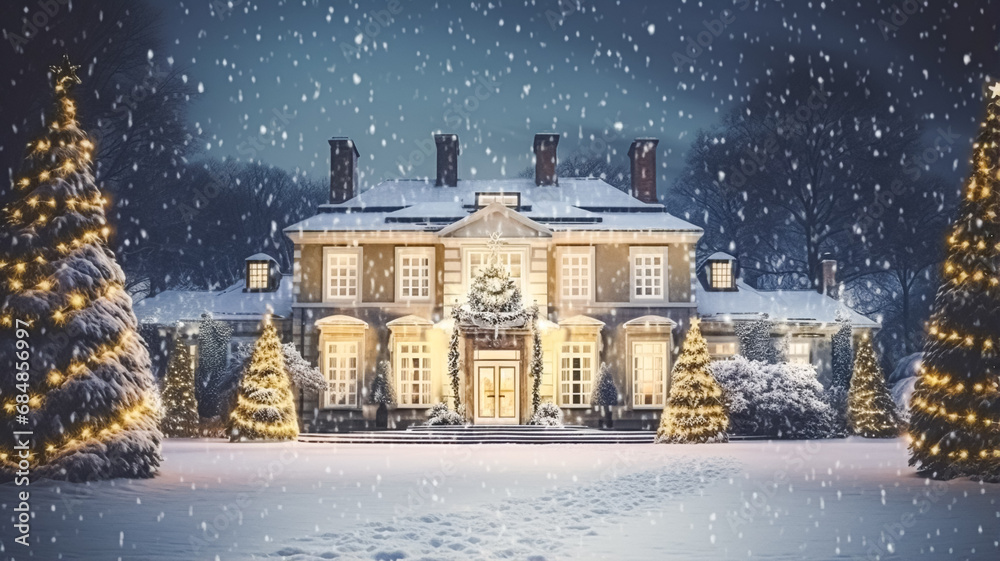 Christmas in the countryside manor, English country house mansion decorated for holidays on a snowy winter evening with snow and holiday lights, Merry Christmas and Happy Holidays