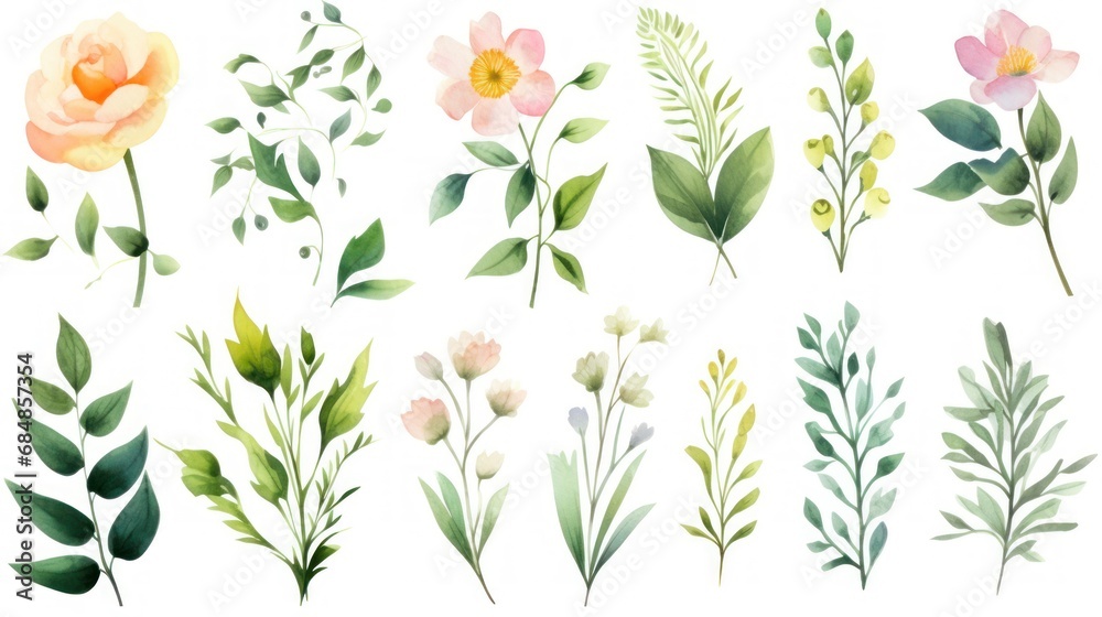 Set of watercolor flowers and plants isolated on white background. illustration. Generative AI