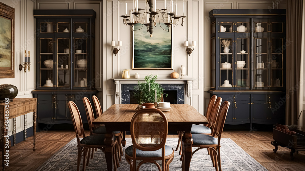 Cottage dining room decor, interior design and dark wood country house furniture, home decor, table and chairs, English countryside style - obrazy, fototapety, plakaty 