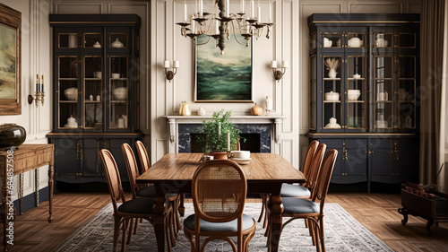 Cottage dining room decor, interior design and dark wood country house furniture, home decor, table and chairs, English countryside style