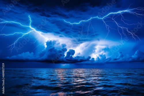 Spectacular and majestic lightning bolt illuminating the dark sky on the horizon of the sea