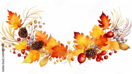 Watercolor autumn wreath with leaves  berries and acorns. Generative AI