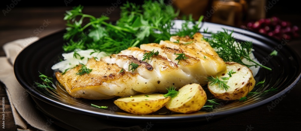 Fried cod fillet with potatoes and salad served on a wooden table. Fried cod fillet with potatoes and salad served on a wooden table.