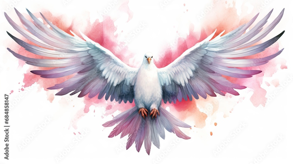 Watercolor illustration of a flying eagle on a pink watercolor background Generative AI