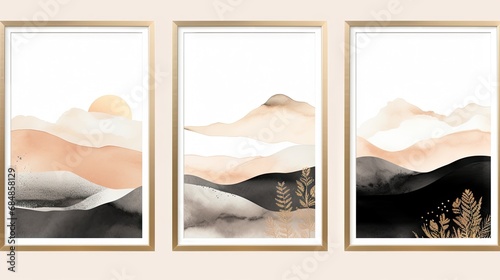 Set of vertical banners with watercolor hand drawn mountains, hills, dry grass and clouds. Generative AI