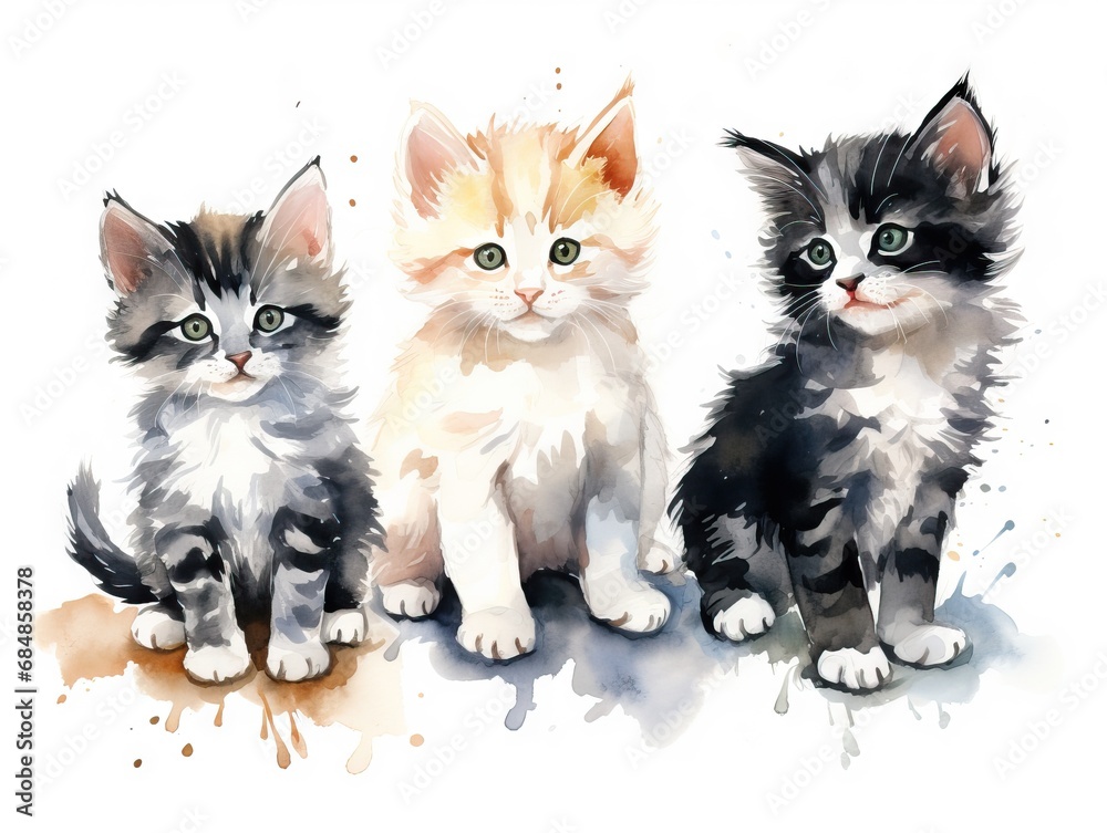 Watercolor Clipart: Many Individual Pictures of Kittens - White, Black, Tricolor Kittens Jump, Lie, Sit in Watercolor Style AI Generated
