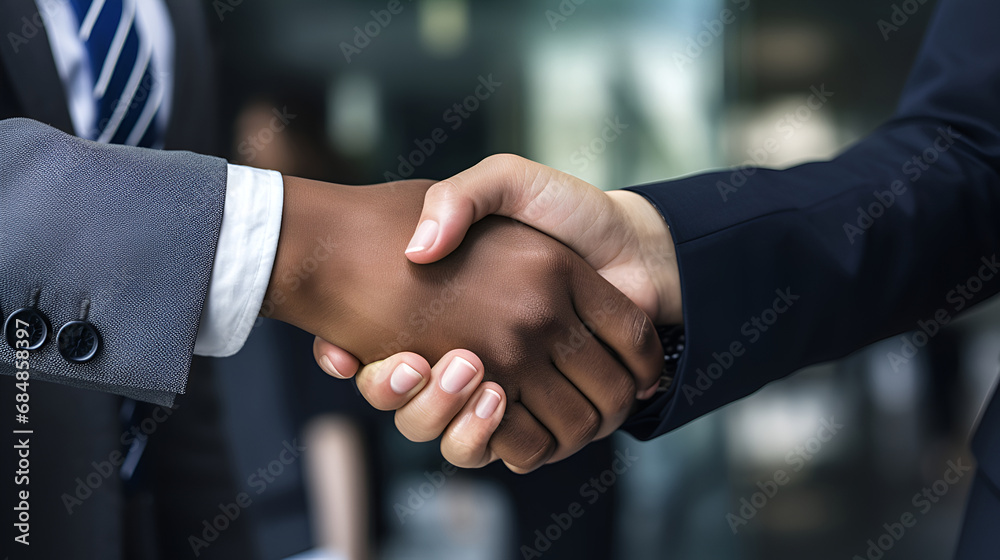 Of female and male business partners sign successful deal, shake hands in office. Greeting and partnership concept. Of female and male business partners sign successful deal, shake hands in office. Greeting and partnership concept.