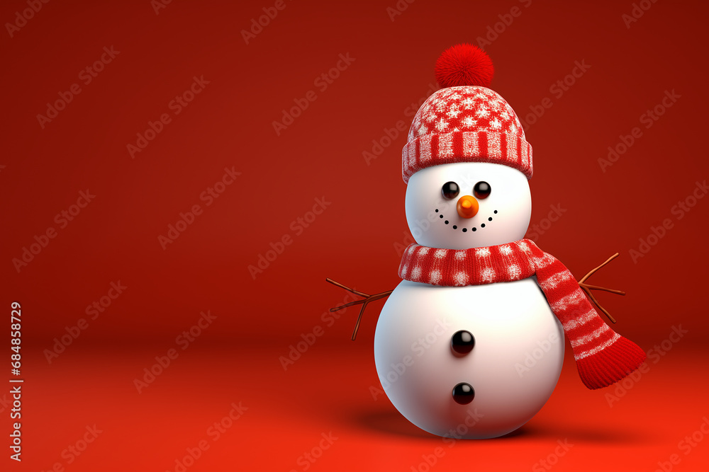 3D animated image of snowman on red background.