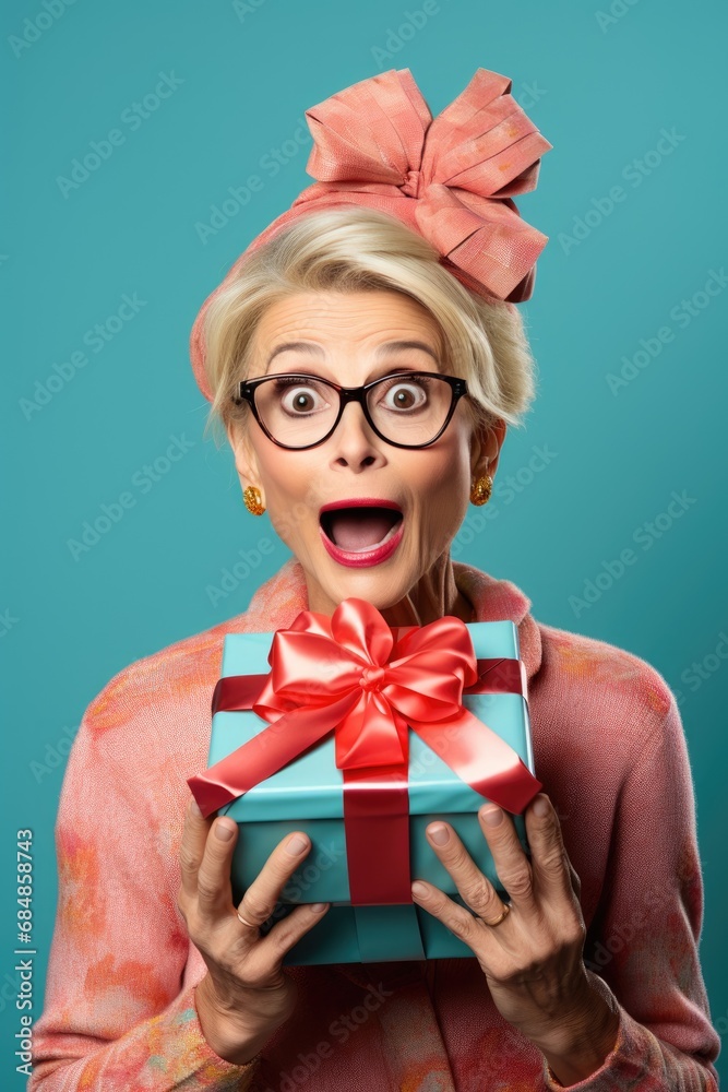 Surprised middle-aged woman holding a gift in hands Surprised middle-aged woman holding a gift in hands