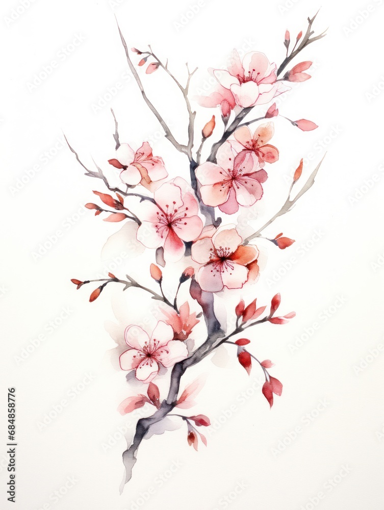 Watercolor Cherry Blossom Branch with Detailed Petals and Leaves AI Generated