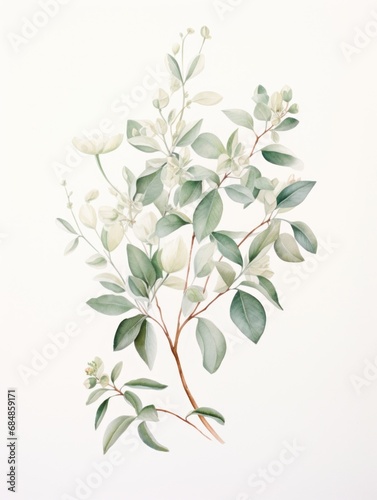 Delicate Watercolor Tea Plant Leaves and Flowers AI Generated