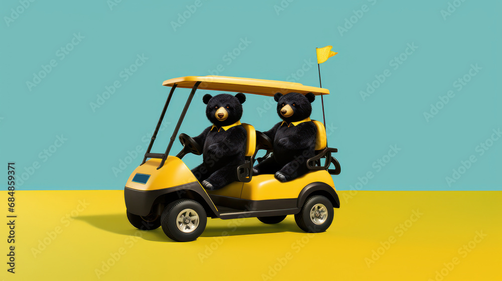 Black bears with yellow scarves joyriding in a golf cart, against a sunny yellow backdrop, depicting a playful and leisurely scene