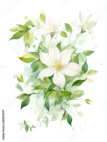 Elegant Watercolor Jasmine Flowers on White Background AI Generated © Alex