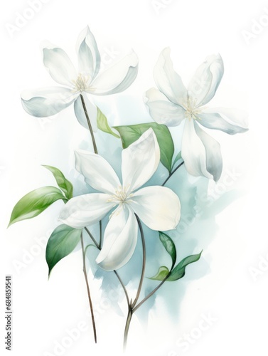 Elegant Watercolor Jasmine Flowers on White Background AI Generated