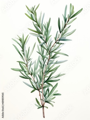 Intricate Watercolor Rosemary Sprig Leaves on Bold Stem AI Generated
